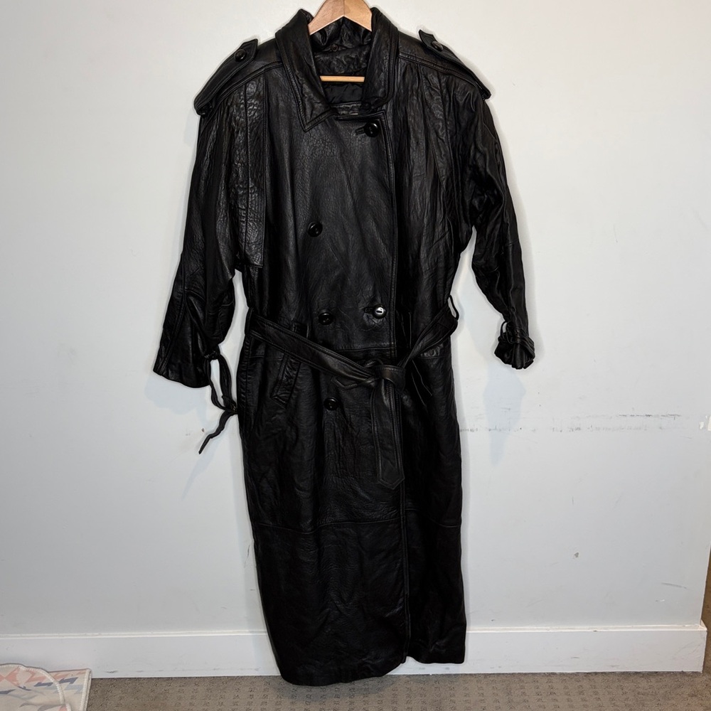 Jones New York Black Leather Insulated Double Breasted Trench Coat: Size Medium